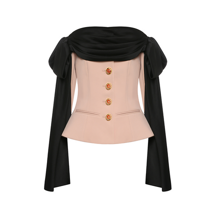 Corset-style top with off-shoulder draped detailing, decorative buttons, and tailored fit. Made from 90% polyester, 10% spandex, and lined with 100% polyester