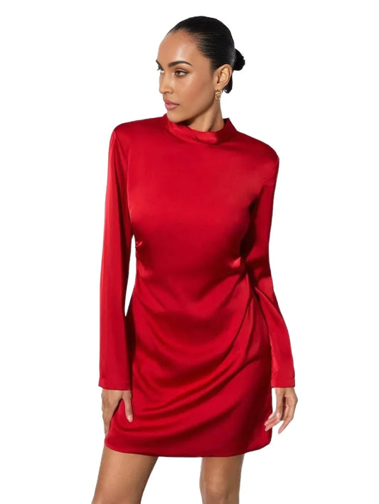 Maia Short Dress with Long Sleeves and Timeless Design in Red - modified image