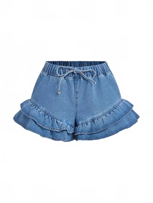 Leah Denim Shorts Women Ruffle Hem Design in Blue
