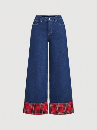 Adelaide Denim Pants Wide-Leg Relaxed Jeans with Tartan Cuffs
