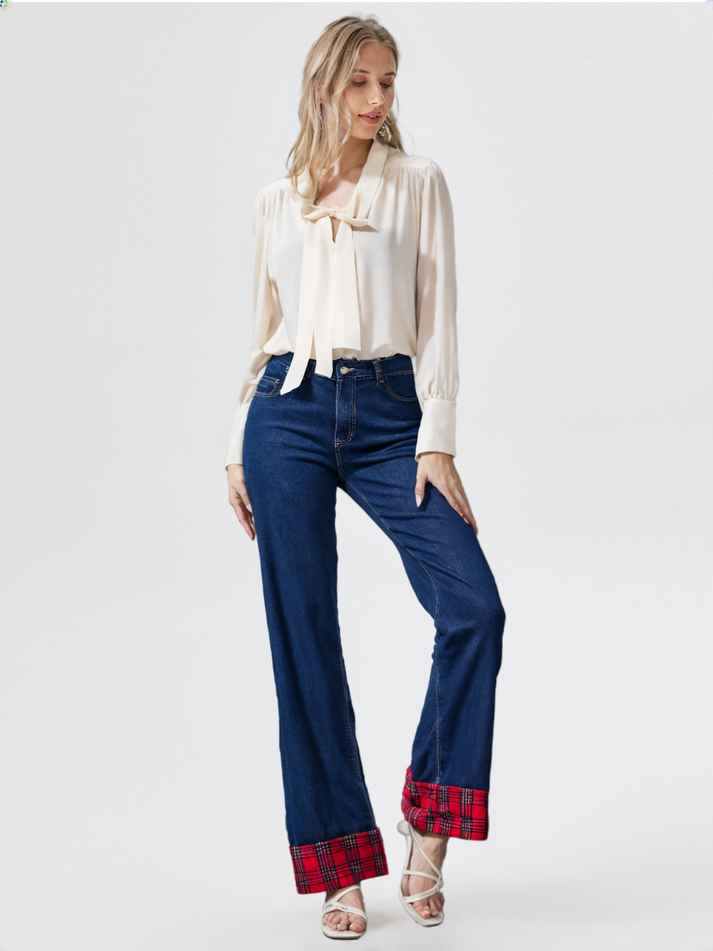 Adelaide Denim Pants Wide-Leg Relaxed Jeans with Tartan Cuffs