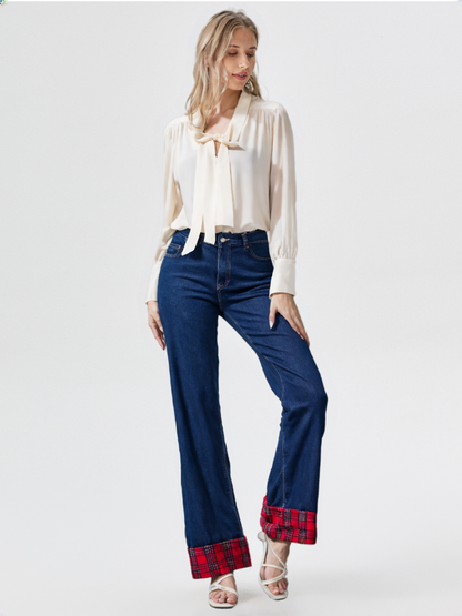 Adelaide Denim Pants Wide-Leg Relaxed Jeans with Tartan Cuffs