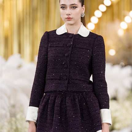 Sophia tweed skater skirt with elastic waistband, layered hem, and subtle sparkle, crafted from a blend of polyester, wool, and mulberry silk.