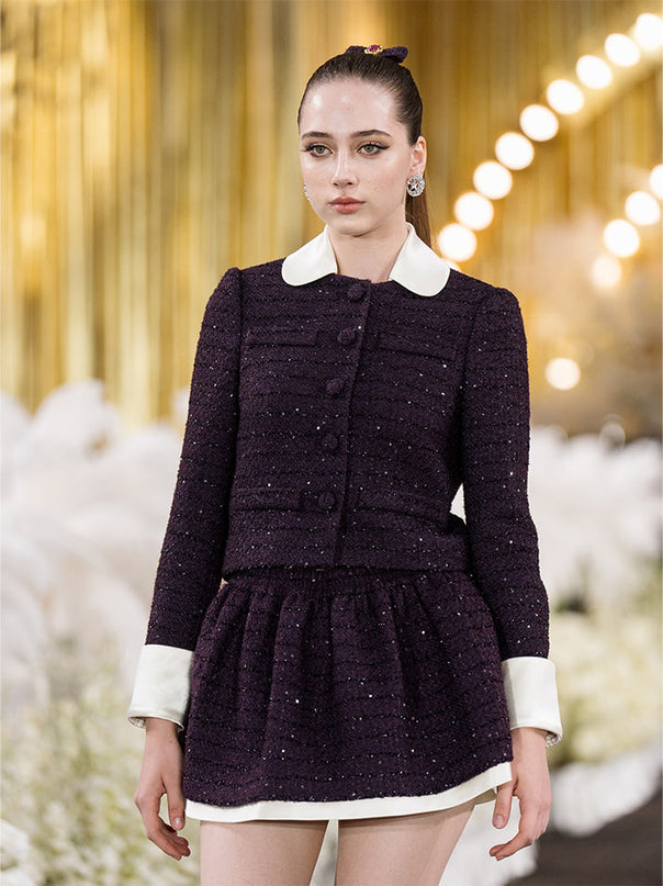 Sophia tweed skater skirt with elastic waistband, layered hem, and subtle sparkle, crafted from a blend of polyester, wool, and mulberry silk.