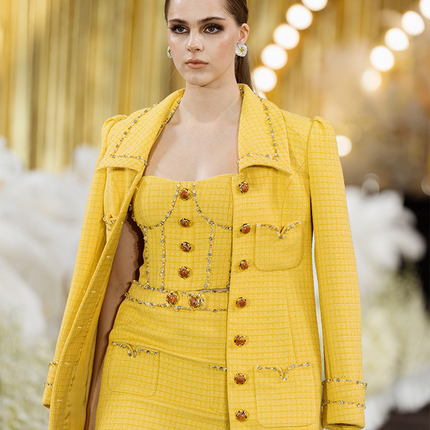 Sophia embellished tweed coat in vibrant yellow with crystal lapels, gemstone buttons, and a fitted mid-thigh silhouette, crafted from 100% polyester.