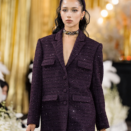 Sophia tweed wide-leg trousers with a high-waisted fit, wide-leg silhouette, and subtle tweed texture, crafted from a premium polyester-wool blend.