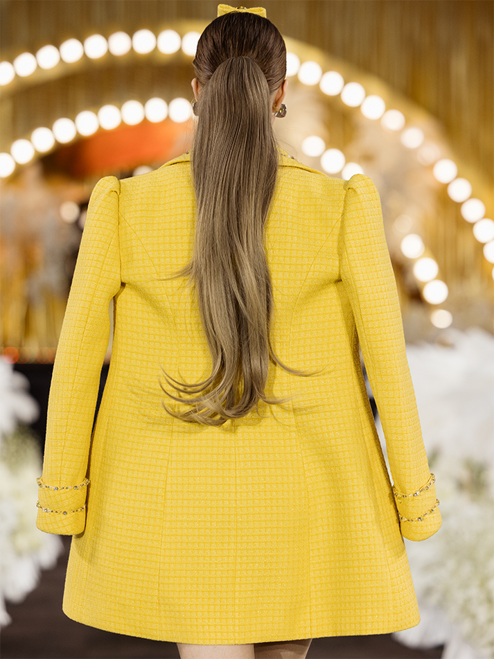 Sophia embellished tweed coat in vibrant yellow with crystal lapels, gemstone buttons, and a fitted mid-thigh silhouette, crafted from 100% polyester.