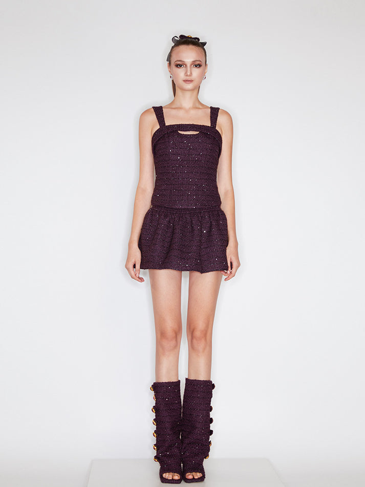 Sophia tweed sleeveless top with a square neckline, fitted silhouette, and intricate tweed detailing, crafted from a premium polyester-wool blend.