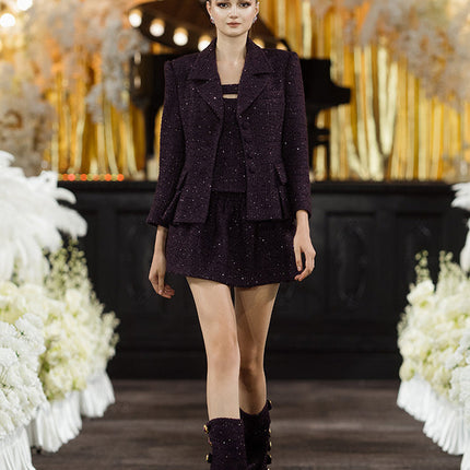 Sophia tweed buttoned blazer in deep burgundy with tailored fit, structured lapels, and elegant button details, crafted from a premium polyester-wool blend.