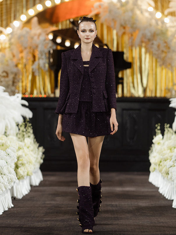 Sophia tweed buttoned blazer in deep burgundy with tailored fit, structured lapels, and elegant button details, crafted from a premium polyester-wool blend.