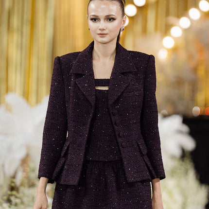 Sophia tweed buttoned blazer in deep burgundy with tailored fit, structured lapels, and elegant button details, crafted from a premium polyester-wool blend.