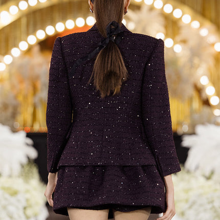 Sophia tweed buttoned blazer in deep burgundy with tailored fit, structured lapels, and elegant button details, crafted from a premium polyester-wool blend.