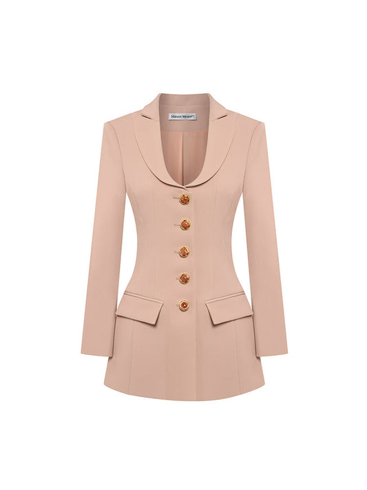 Fitted blazer dress with decorative buttons, tailored silhouette, and flap pockets. Made from 90% polyester, 10% spandex, and lined with 100% polyester