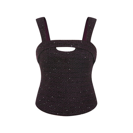 Sophia tweed sleeveless top with a square neckline, fitted silhouette, and intricate tweed detailing, crafted from a premium polyester-wool blend.