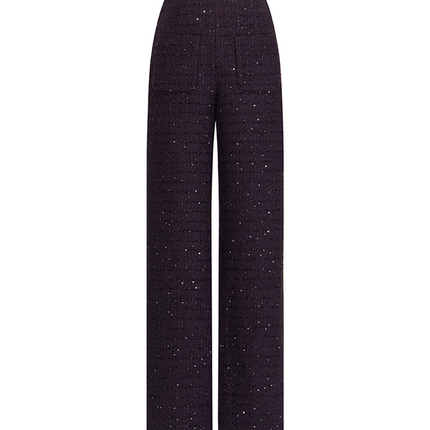 Sophia tweed wide-leg trousers with a high-waisted fit, wide-leg silhouette, and subtle tweed texture, crafted from a premium polyester-wool blend.