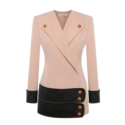 Double-breasted blazer dress with contrast details, decorative buttons, and a tailored fit. Made from 90% polyester, 10% spandex with 96% polyester, 4% spandex accents