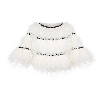 Sophia feather-embellished cape with tiered ostrich feathers, black trim accents, and a relaxed fit, crafted from lightweight polyester.