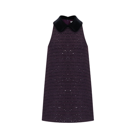 Sleeveless A-line dress with a velvet collar, shimmering details, and a flattering silhouette. Made from 94.3% polyester, 5.7% wool, with 92% polyester, 8% spandex accents, and lined with 100% polyester