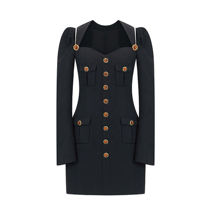 Sophia black buttoned blazer dress with a tailored fit, gold button details, structured shoulders, and a sweetheart neckline, crafted from polyester and spandex.