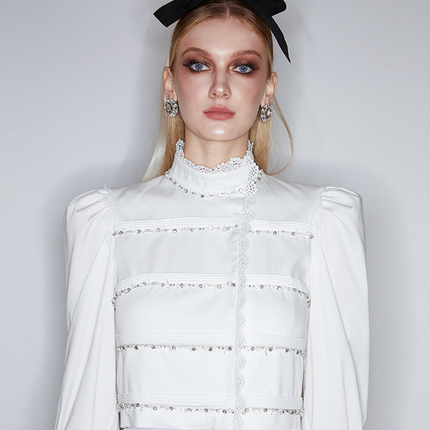 Sophia lace-embellished blouse with a high neckline, intricate lace detailing, puffed sleeves, and tailored fit, crafted from cotton, nylon, and spandex.