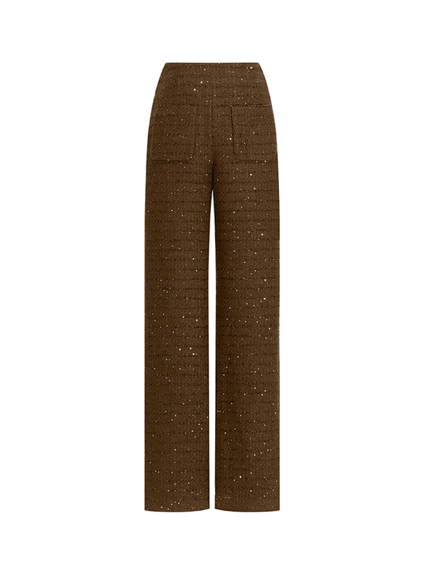 Sophia tweed wide-leg trousers with a high-waisted fit, wide-leg silhouette, and subtle tweed texture, crafted from a premium polyester-wool blend.