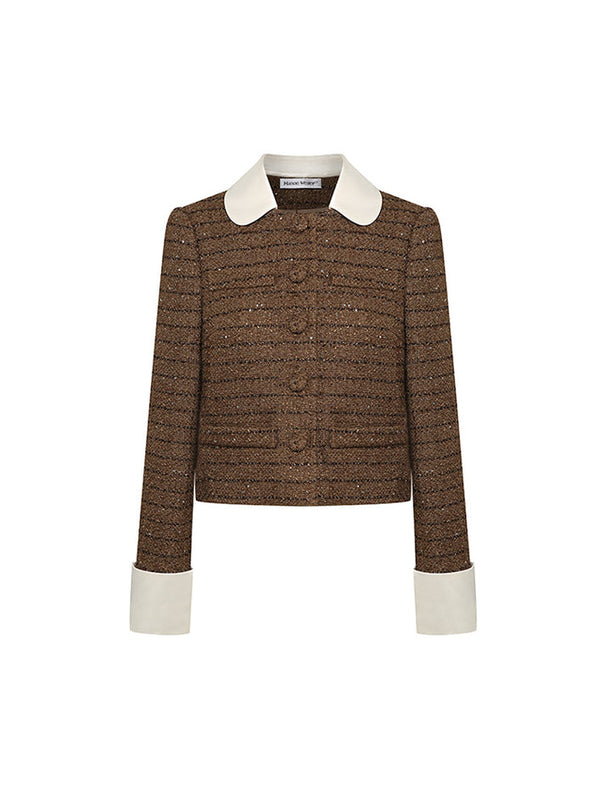 Classic cropped tweed jacket with contrasting collar and cuffs for a refined finish