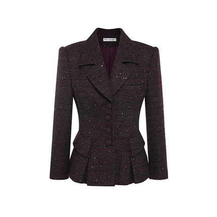 Sophia tweed buttoned blazer in deep burgundy with tailored fit, structured lapels, and elegant button details, crafted from a premium polyester-wool blend.