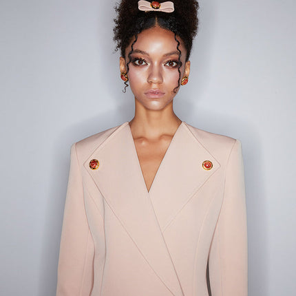 Double-breasted blazer dress with contrast details, decorative buttons, and a tailored fit. Made from 90% polyester, 10% spandex with 96% polyester, 4% spandex accents