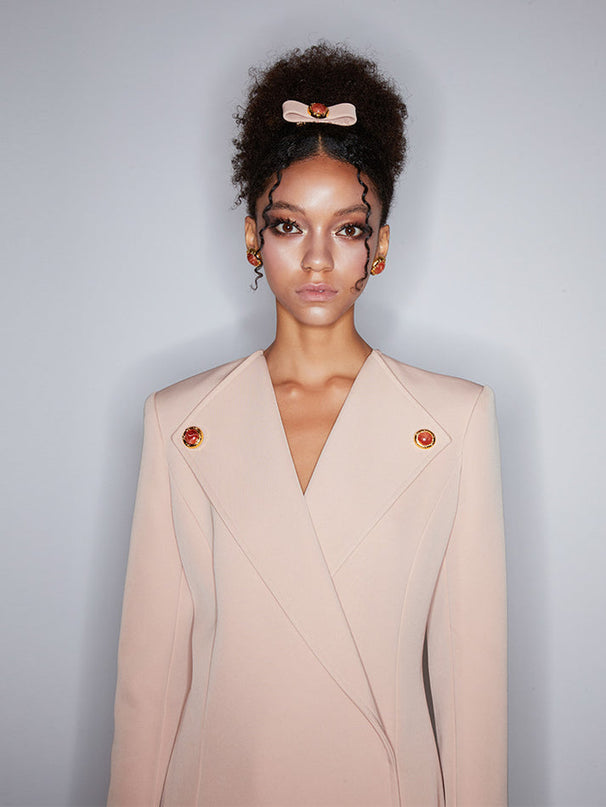 Double-breasted blazer dress with contrast details, decorative buttons, and a tailored fit. Made from 90% polyester, 10% spandex with 96% polyester, 4% spandex accents