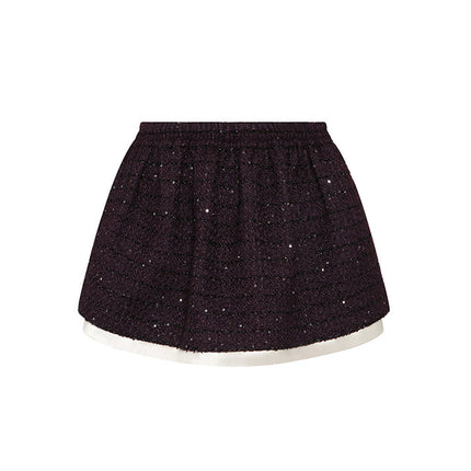 Sophia tweed skater skirt with elastic waistband, layered hem, and subtle sparkle, crafted from a blend of polyester, wool, and mulberry silk.
