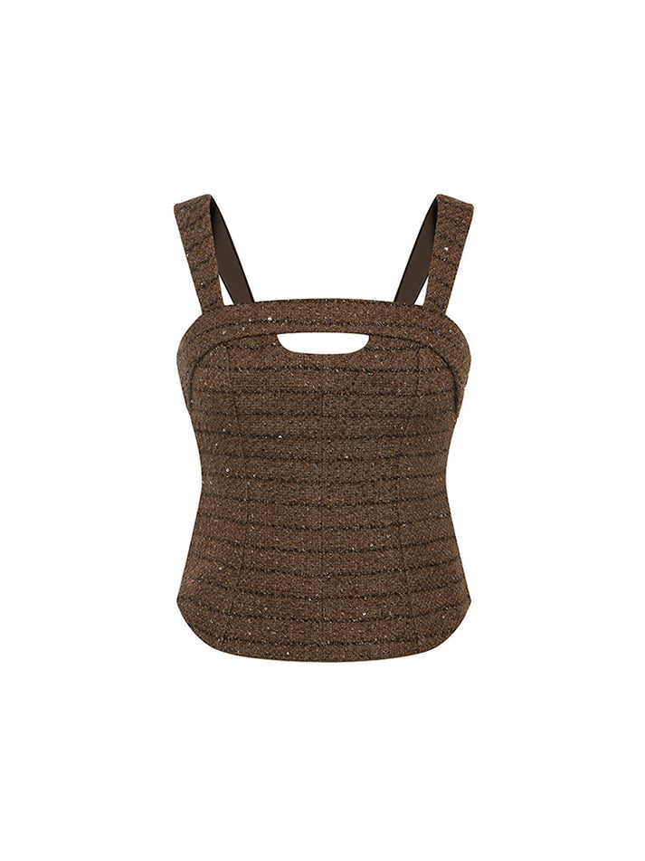 Sophia tweed sleeveless top with a square neckline, fitted silhouette, and intricate tweed detailing, crafted from a premium polyester-wool blend.