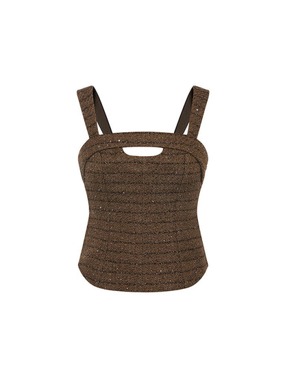 Sophia tweed sleeveless top with a square neckline, fitted silhouette, and intricate tweed detailing, crafted from a premium polyester-wool blend.
