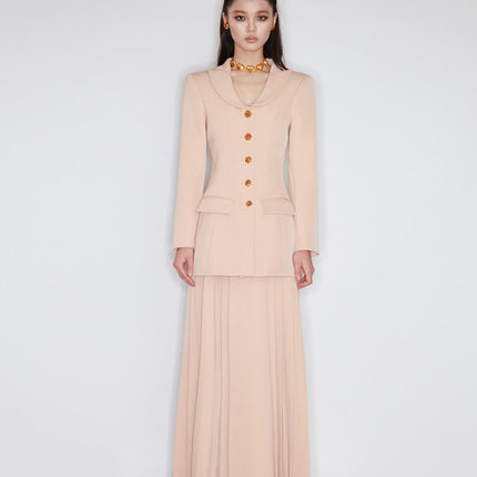 Pleated maxi skirt with a high-waisted fit, crafted from 90% polyester and 10% spandex, lined with 100% polyester for smooth comfort