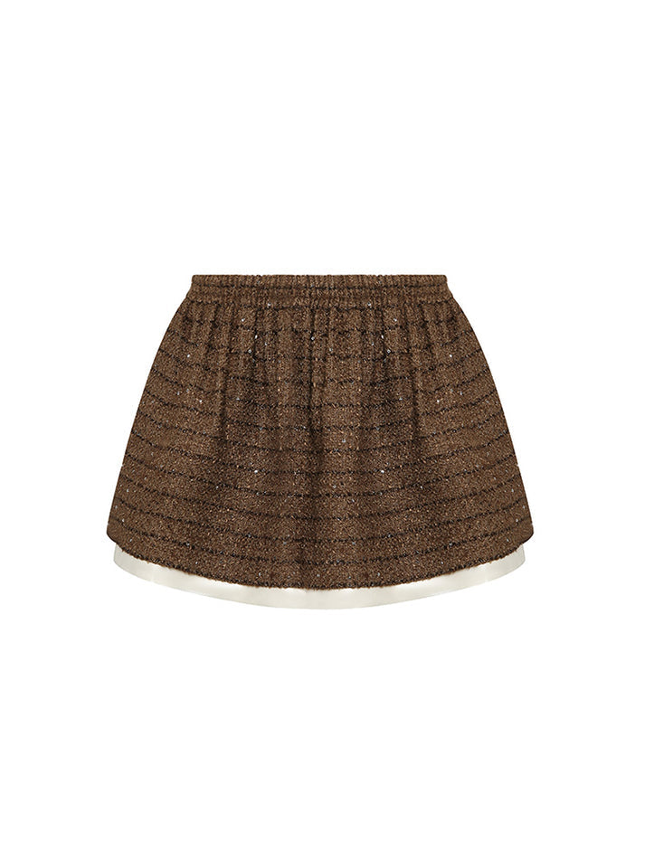 Sophia tweed skater skirt with elastic waistband, layered hem, and subtle sparkle, crafted from a blend of polyester, wool, and mulberry silk.
