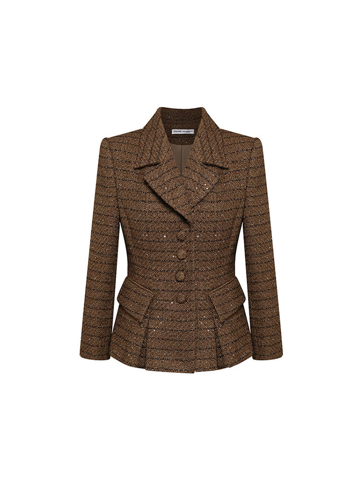 Sophia tweed buttoned blazer in deep burgundy with tailored fit, structured lapels, and elegant button details, crafted from a premium polyester-wool blend.