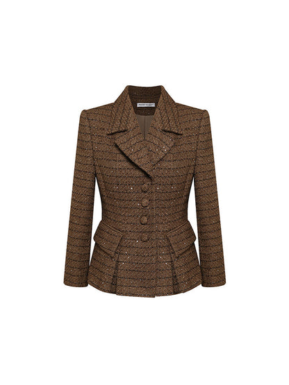 Sophia tweed buttoned blazer in deep burgundy with tailored fit, structured lapels, and elegant button details, crafted from a premium polyester-wool blend.
