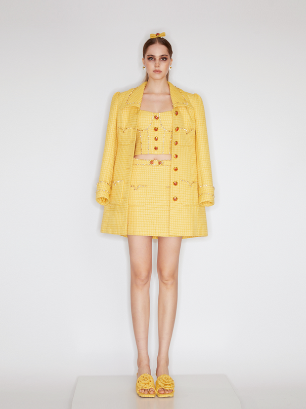 Sophia embellished tweed coat in vibrant yellow with crystal lapels, gemstone buttons, and a fitted mid-thigh silhouette, crafted from 100% polyester.