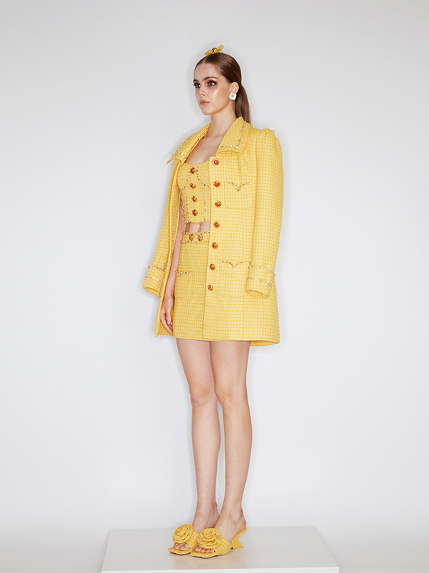 Sophia embellished tweed coat in vibrant yellow with crystal lapels, gemstone buttons, and a fitted mid-thigh silhouette, crafted from 100% polyester.