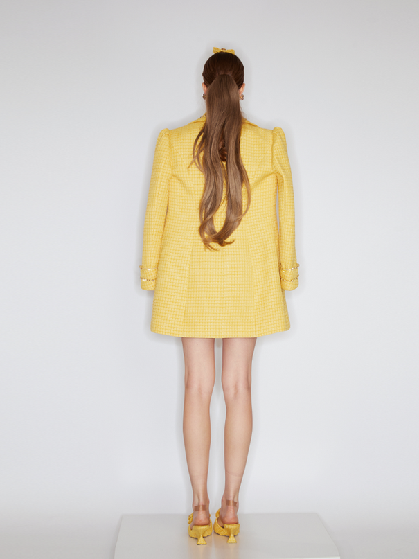Sophia embellished tweed coat in vibrant yellow with crystal lapels, gemstone buttons, and a fitted mid-thigh silhouette, crafted from 100% polyester.