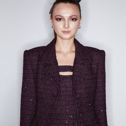 Sophia tweed buttoned blazer in deep burgundy with tailored fit, structured lapels, and elegant button details, crafted from a premium polyester-wool blend.