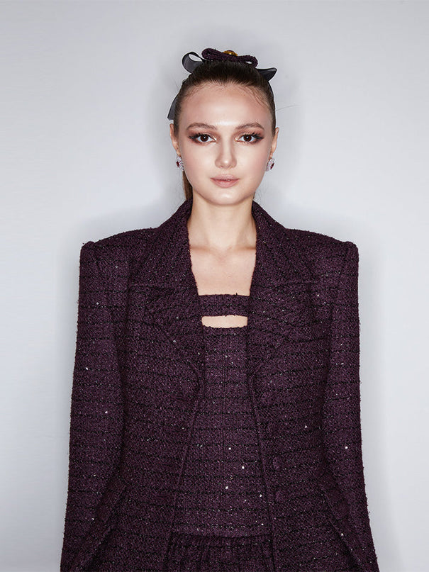 Sophia tweed buttoned blazer in deep burgundy with tailored fit, structured lapels, and elegant button details, crafted from a premium polyester-wool blend.