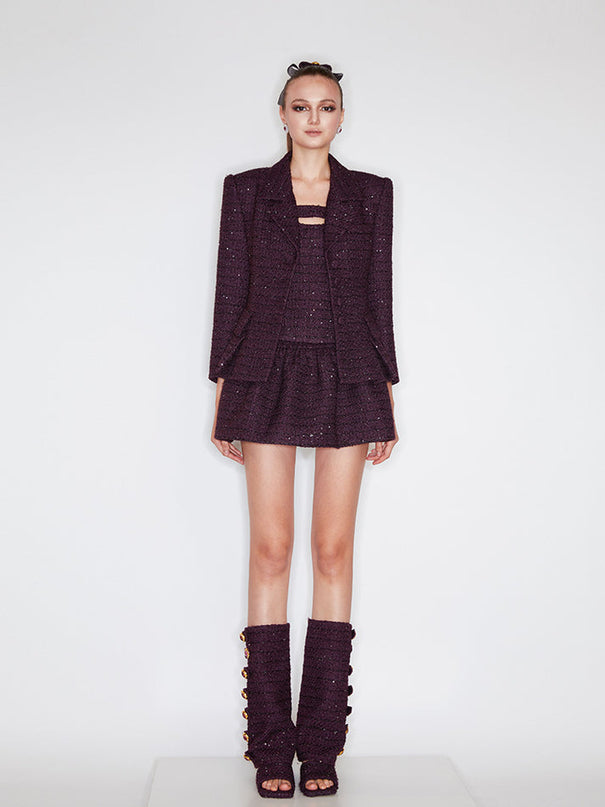 Sophia tweed buttoned blazer in deep burgundy with tailored fit, structured lapels, and elegant button details, crafted from a premium polyester-wool blend.