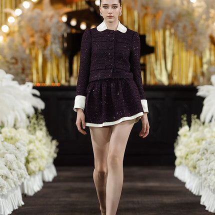 Sophia tweed skater skirt with elastic waistband, layered hem, and subtle sparkle, crafted from a blend of polyester, wool, and mulberry silk.