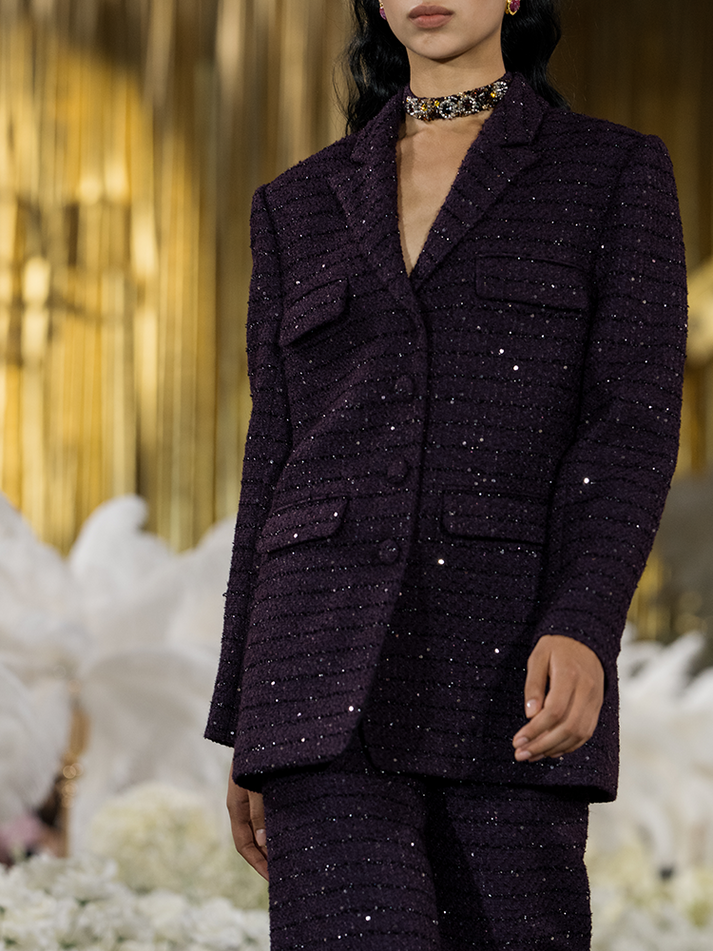 Sophia tweed wide-leg trousers with a high-waisted fit, wide-leg silhouette, and subtle tweed texture, crafted from a premium polyester-wool blend.