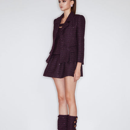 Sophia tweed buttoned blazer in deep burgundy with tailored fit, structured lapels, and elegant button details, crafted from a premium polyester-wool blend.