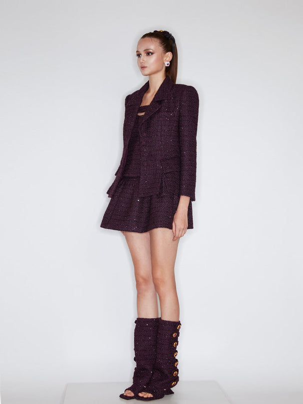 Sophia tweed buttoned blazer in deep burgundy with tailored fit, structured lapels, and elegant button details, crafted from a premium polyester-wool blend.