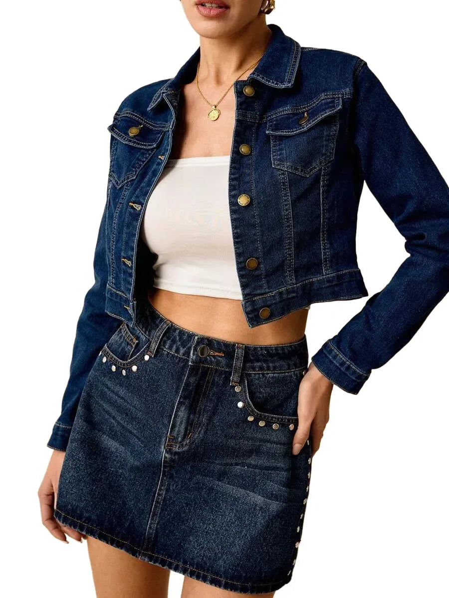 1pc Flap Pocket Crop Denim Jacket