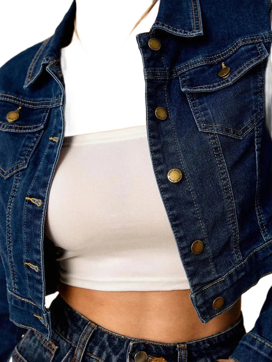 1pc Flap Pocket Crop Denim Jacket