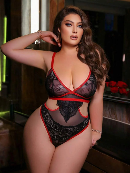 1pc Plus Size Asymmetrical Color Block Ribbon Sexy Lingerie Jumpsuit