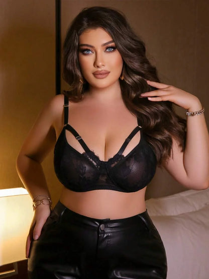 1pc Plus Size Lace Bra With Underwire And Ribbon Trim
